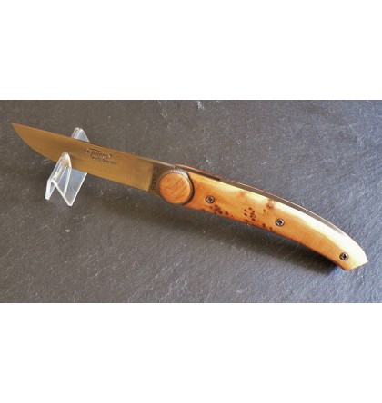 Couteau fermant "Le Thiers" à molette, système Liner-lock, manche loupe de cade