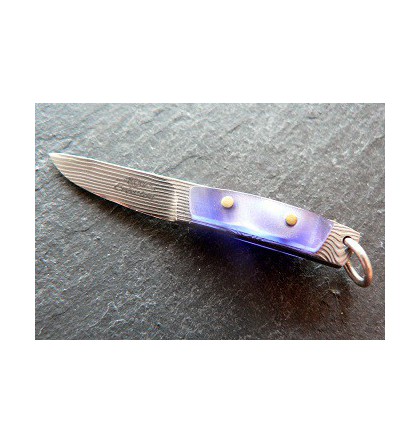 pendentif couteau en damas inox manche plexi bleu