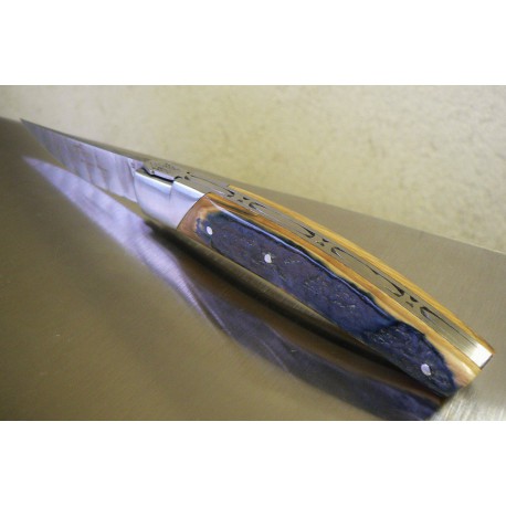 Couteau "Le Thiers" lame damas - manche mammouth croute Bleu