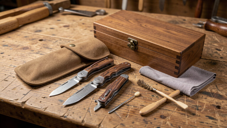 Couteaux artisanaux français disposés avec une pochette de protection, une boîte en bois, un chiffon et une brosse d’entretien sur un établi.