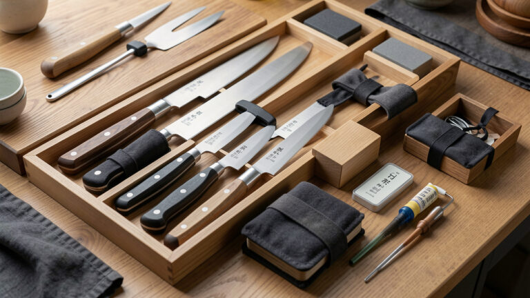 Ensemble de couteaux de cuisine japonais rangés avec des protège-lames, des étuis en tissu, des supports en bois et des accessoires d’entretien.