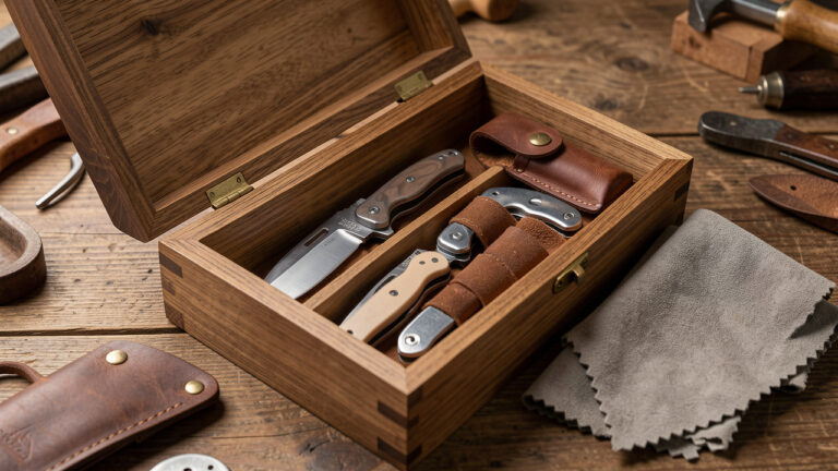 Couteaux pliants soigneusement rangés dans une boîte en bois, un étui en cuir et des protections souples pour leur rangement quotidien.