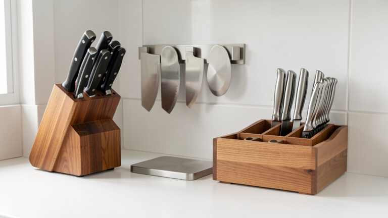 Ensemble d’accessoires de cuisine pour ranger et protéger des couteaux, comprenant un bloc en bois, des protège-lames, une barre magnétique et un organiseur de tiroir.
