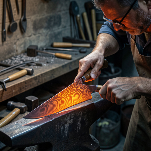 Artisan forger façonnant une lame de couteau en acier de Damas dans un atelier éclairé par la chaleur de la forge.