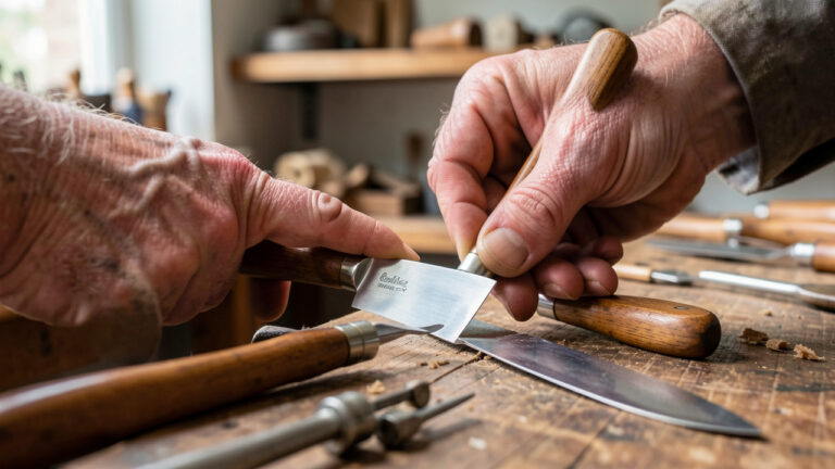 Artisan coutelier français travaillant avec précision sur un élégant couteau de table dans son atelier traditionnel.