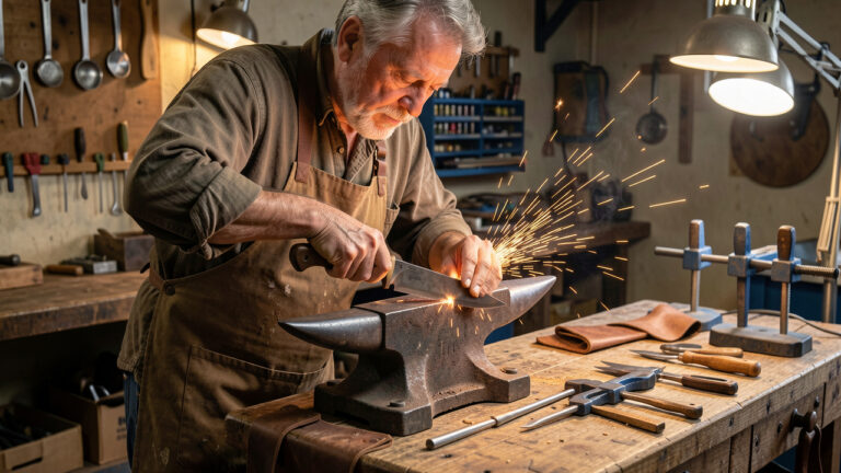Un artisan façonne soigneusement un couteau robuste destiné aux activités de plein air dans un atelier chaleureux.