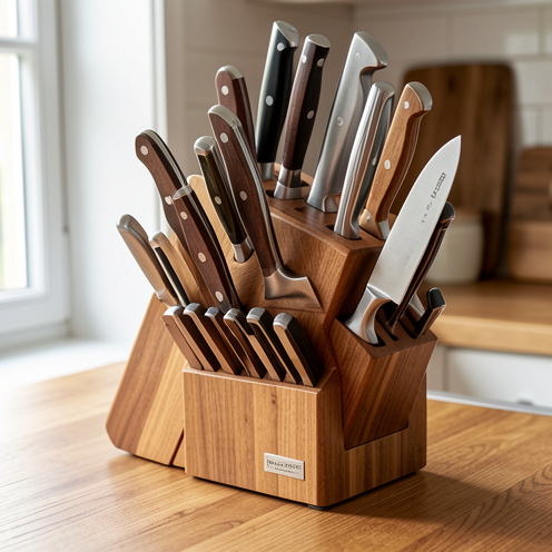 Bloc en bois contenant une sélection organisée de couteaux de cuisine aux lames brillantes, posé sur un plan de travail en bois clair.