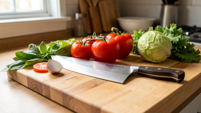 Couteau de chef en acier inoxydable posé à côté de légumes frais sur une planche en bois dans une cuisine lumineuse.