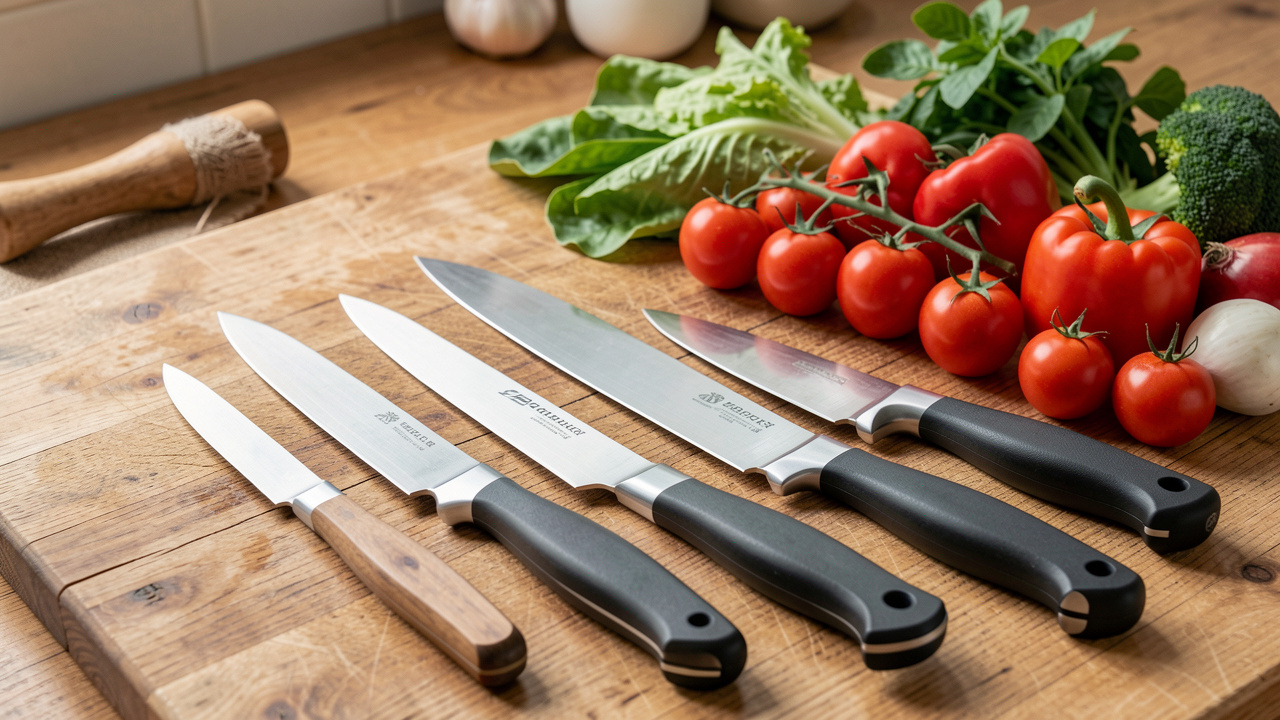 Sélection de couteaux de cuisine aux formes et manches variés disposés près de légumes frais sur un plan de travail en bois.