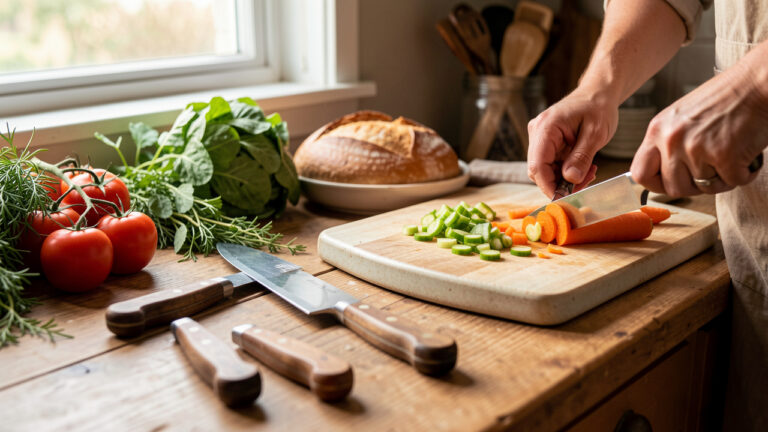 Sélection de couteaux de cuisine à manches en bois disposés avec des légumes, des herbes, du pain et une planche de présentation.