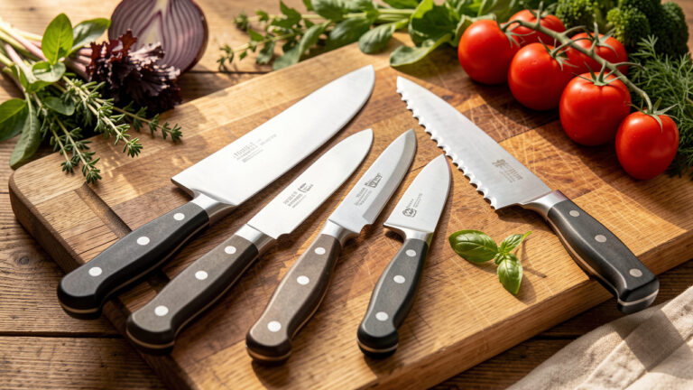 Ensemble de couteaux de cuisine fiables disposés près d'une planche en bois, avec des légumes et des herbes fraîches.