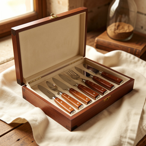 Coffret ouvert présentant des couteaux de table artisanaux aux manches en bois, disposés sur un tissu crème dans une ambiance élégante et chaleureuse.