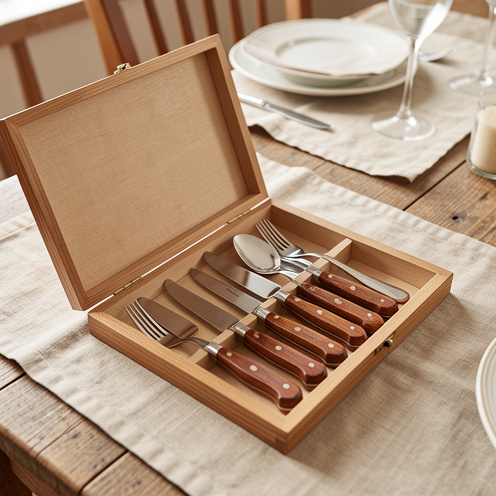 Coffret en bois ouvert présentant un service de couteaux de table français aux manches chaleureux et aux lames polies, posé sur du linge naturel près d'une table rustique.