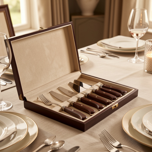 Coffret ouvert contenant des couteaux de table haut de gamme aux manches en bois sombre, disposés sur une table élégante.