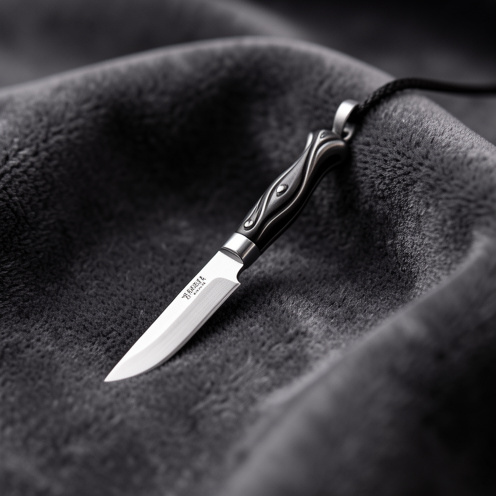 Collier composé d’un pendentif miniature en forme de couteau, réalisé en métal poli et présenté sur un velours gris anthracite.