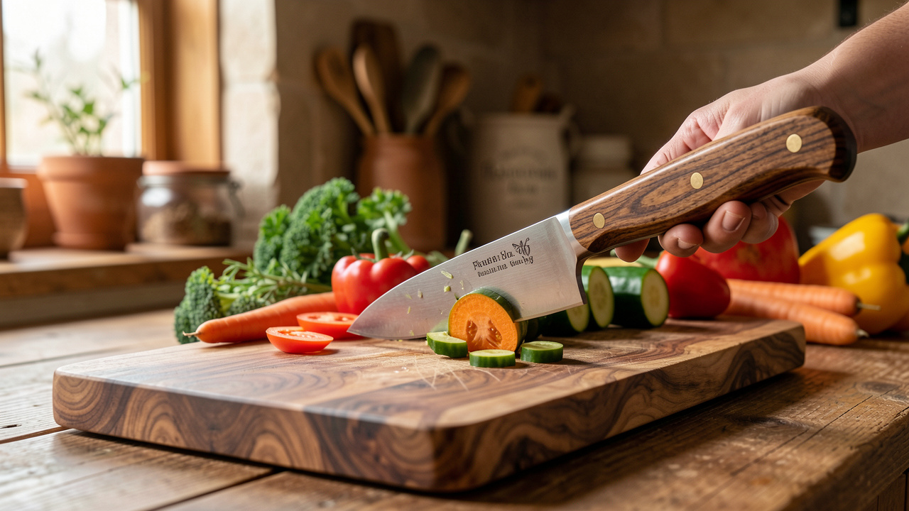Couteau de cuisine artisanal à manche en bois découpant des légumes frais sur une planche en noyer dans une cuisine rustique.