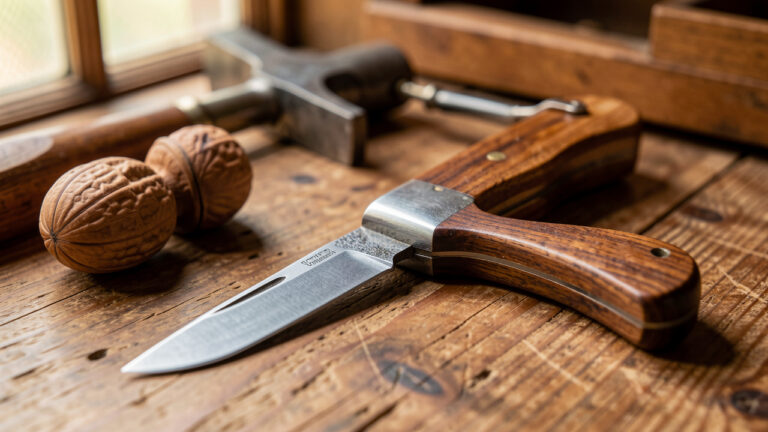 Couteau artisanal français à manche en bois poli posé sur un établi en noyer, entouré d’outils de coutellerie dans une lumière naturelle chaleureuse.