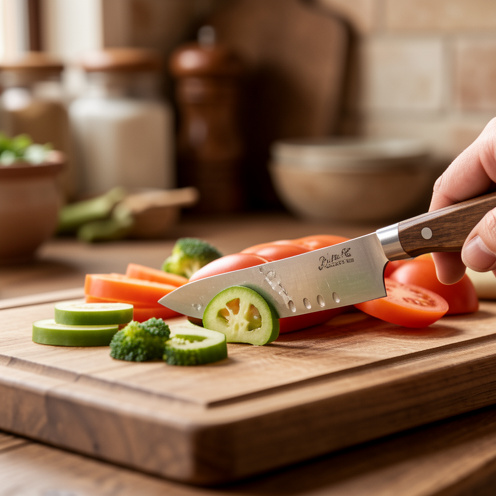 Petit couteau bec d’oiseau posé près de légumes préparés sur une planche en bois, illustrant les techniques d’épluchage et de découpe décorative.