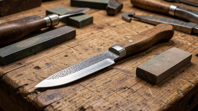 Couteau de cuisine artisanal français à lame en acier forgé et manche en bois, posé sur un établi d’atelier avec des outils traditionnels.