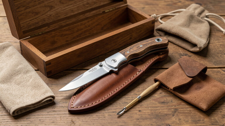 Couteau français artisanal rangé dans un étui en cuir, avec une boîte en bois, une pochette de protection, un chiffon doux et une petite brosse d’entretien.
