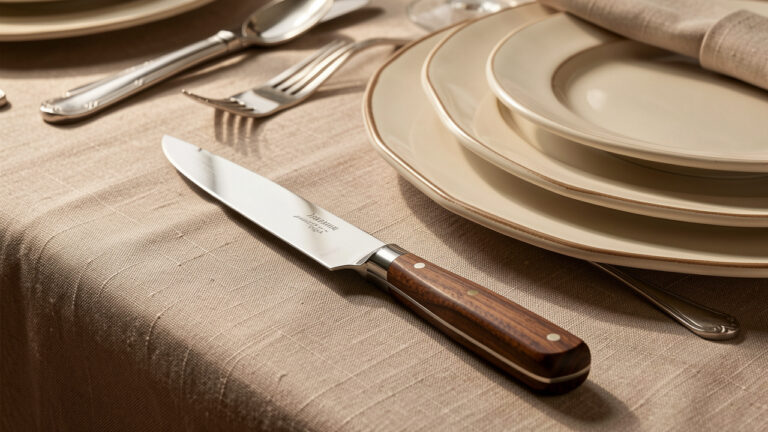Couteau de table français haut de gamme à lame polie et manche en noyer, présenté sur une table élégante avec de la vaisselle en céramique.