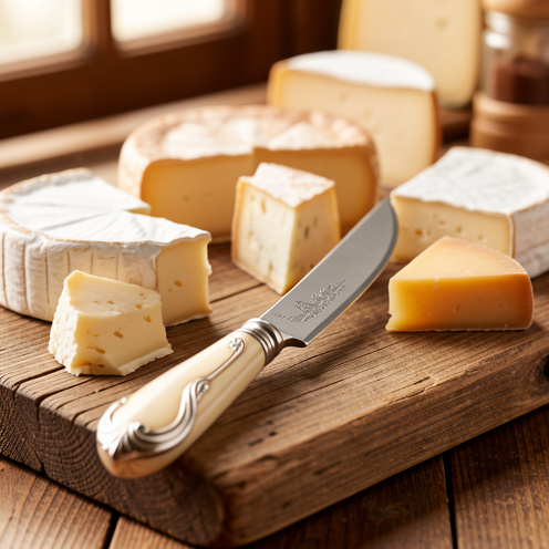 Couteau à fromage artisanal à manche sculpté posé sur une planche en bois entourée de plusieurs fromages.