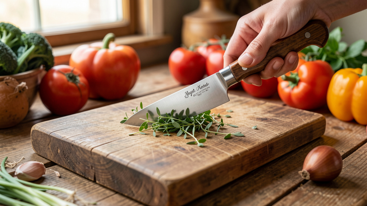 Couteau de cuisine français de style Nogent à manche en bois, utilisé pour trancher des herbes fraîches sur une planche en bois.