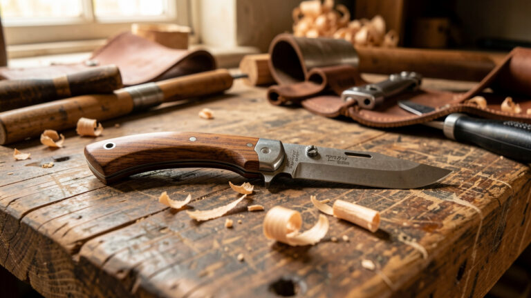 Couteau pliant traditionnel aux détails artisanaux, posé sur un établi d’atelier avec des outils de coutellerie et des copeaux de bois.