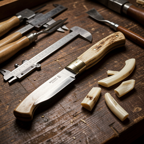 Couteau artisanal à manche en os posé sur un établi en bois, entouré d’outils de sculpture et de fragments d’os polis.