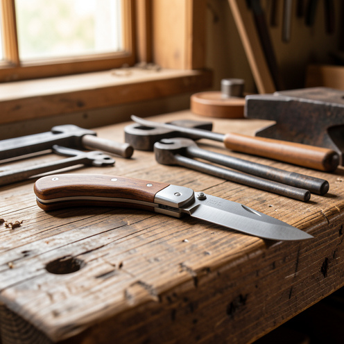 Couteau pliant français à manche en bois poli posé sur un établi d’atelier coutelier, entouré d’outils artisanaux.