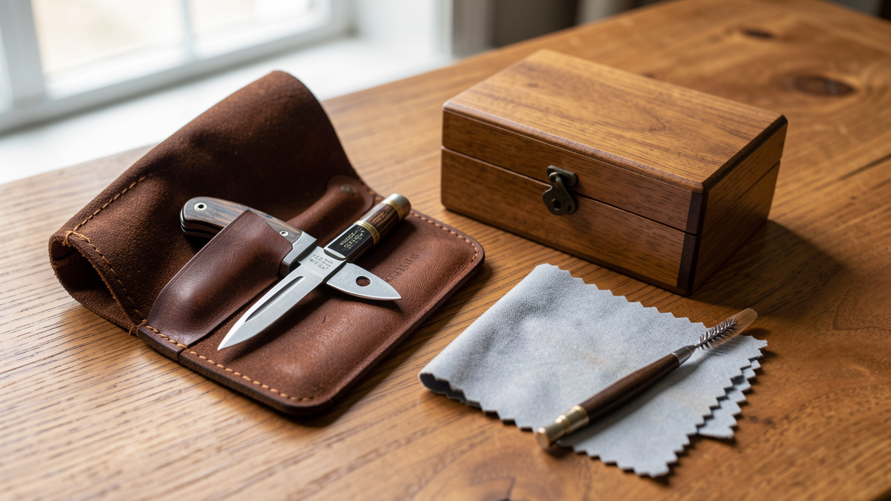 Couteau pliant français posé dans un étui en cuir, accompagné d’une boîte en bois, d’une pochette protectrice, d’un chiffon doux et d’une petite brosse d’entretien.