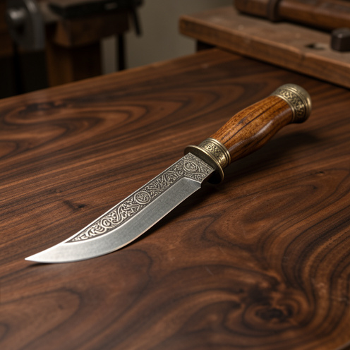 Couteau yatagan traditionnel posé en diagonale sur une table en noyer, montrant sa lame courbée, son pommeau métallique orné et son manche en bois ancien.