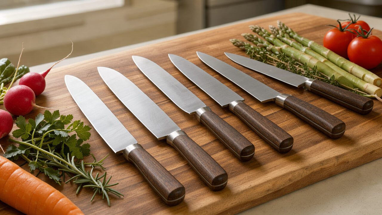 Collection de couteaux de cuisine allemands aux manches en bois, disposés sur une planche en noyer parmi des herbes fraîches et des légumes.