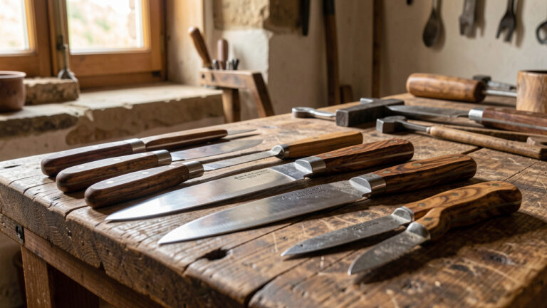 Couteaux artisanaux de cuisine et de table aux lames brillantes et aux manches en bois, présentés sur un établi dans un atelier de coutellerie.