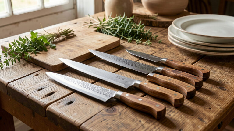 Sélection de couteaux artisanaux aux lames forgées et aux manches en bois, disposés sur un établi en chêne avec une planche, des herbes fraîches et des assiettes en céramique.