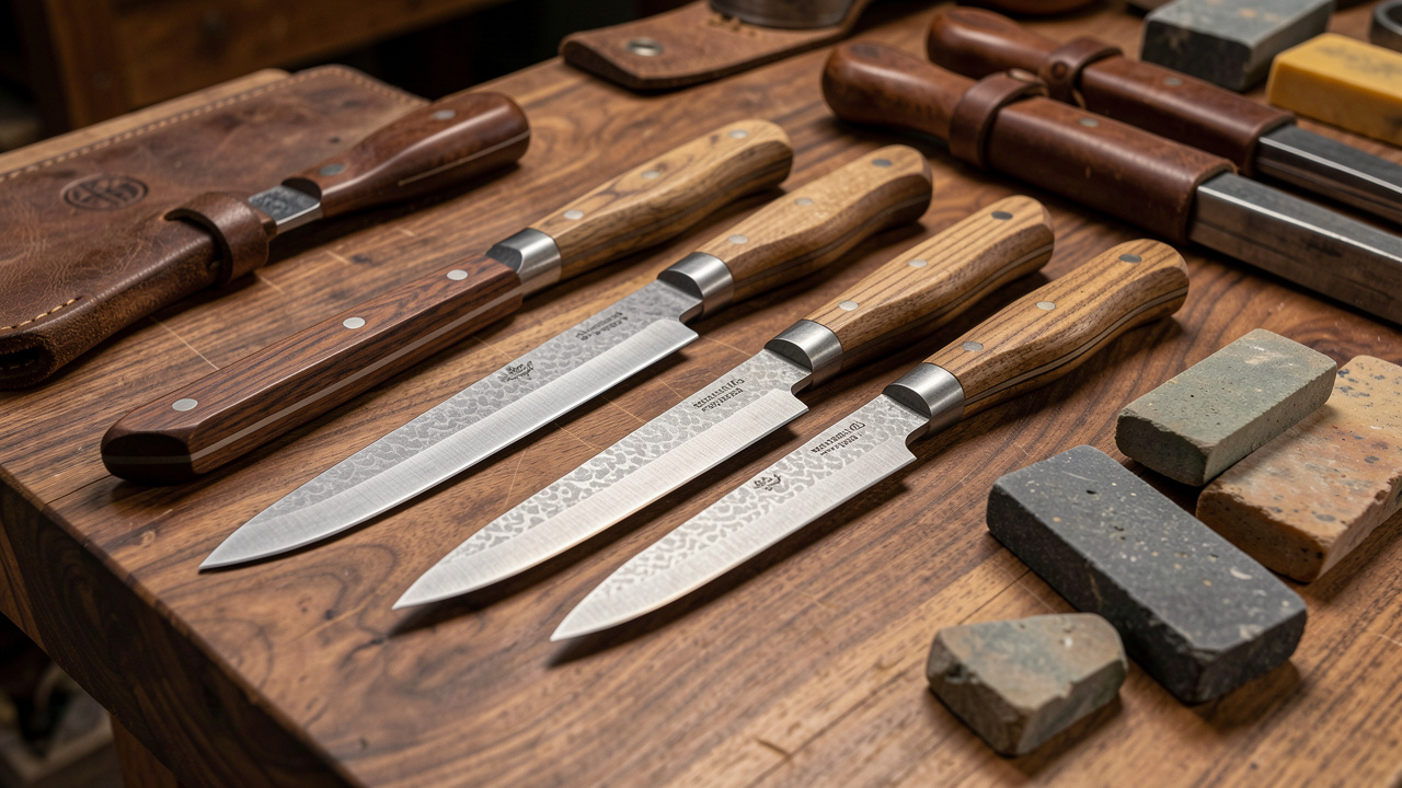 Ensemble de couteaux de cuisine artisanaux aux lames forgées et aux manches en bois, présentés sur un établi d’atelier avec des outils et des pierres à aiguiser.