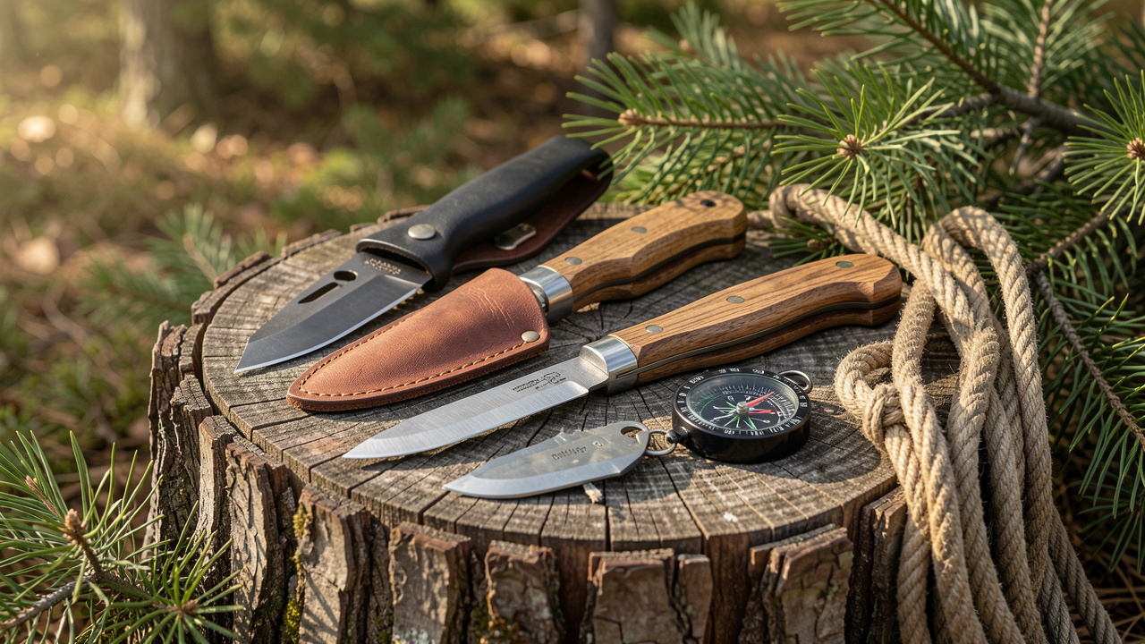 Sélection de couteaux robustes pour la chasse et les activités de plein air, disposés sur une souche dans un environnement forestier.