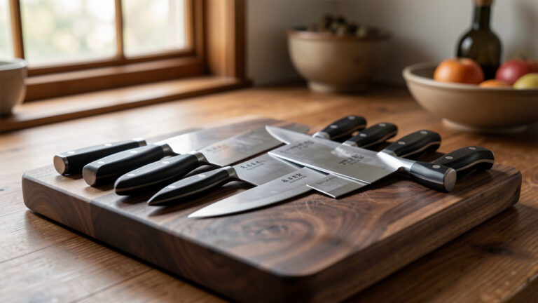 Collection de couteaux de cuisine haut de gamme aux lames polies et aux manches sculptés, disposée sur une planche en noyer dans un atelier culinaire élégant.
