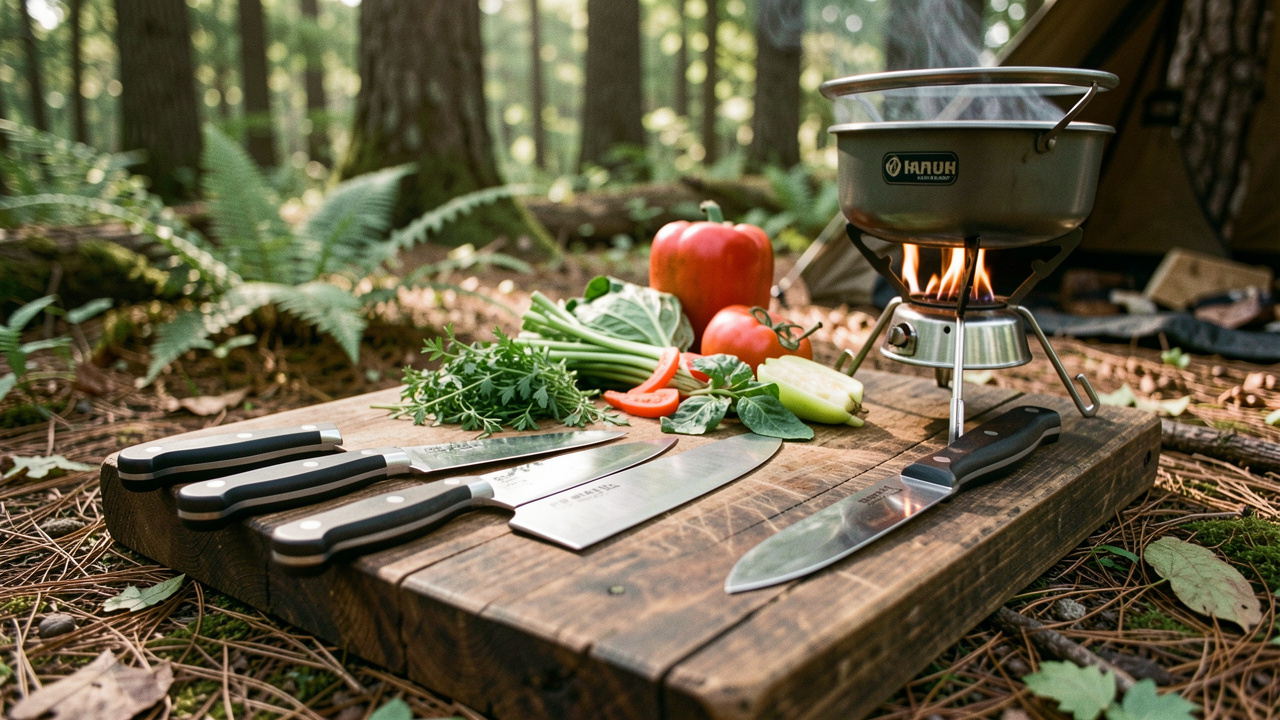 Ensemble de couteaux de cuisine adaptés au bivouac, disposés près d’une planche à découper, de légumes frais et d’un petit réchaud dans un environnement forestier.