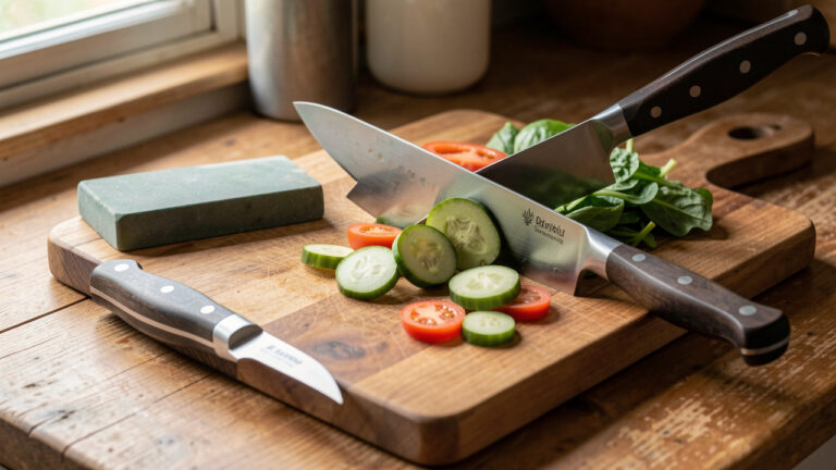 Sélection de couteaux de cuisine avec une planche en bois, des légumes frais, une pierre à aiguiser et un fusil d’affûtage.