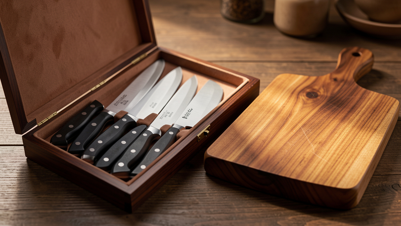 Collection de couteaux de cuisine haut de gamme présentée dans un coffret élégant, avec une planche en bois et une lumière chaleureuse.