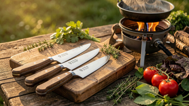 Ensemble de couteaux de cuisine japonais disposés sur une planche en bois avec des légumes et des herbes, dans un environnement de cuisine en plein air.