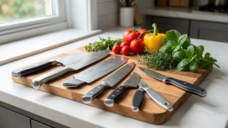Collection de couteaux de cuisine en acier inoxydable disposés sur une planche en bois avec des légumes et des herbes fraîches.