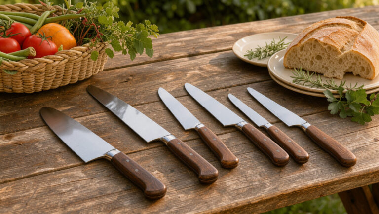 Ensemble de couteaux de cuisine et de table disposés sur une table en bois lors d’un repas en plein air, entourés de pain, d’herbes fraîches et de légumes.