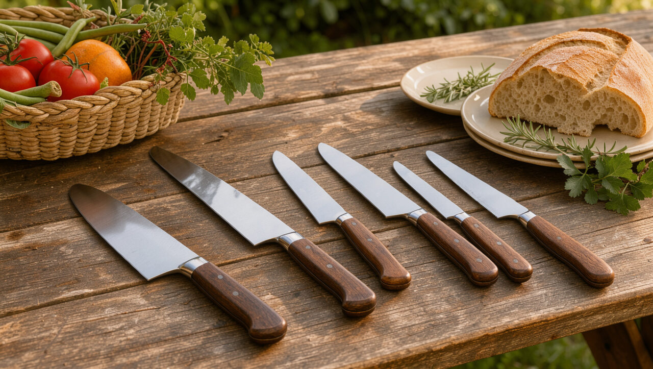 Ensemble de couteaux de cuisine et de table disposés sur une table en bois lors d’un repas en plein air, entourés de pain, d’herbes fraîches et de légumes.