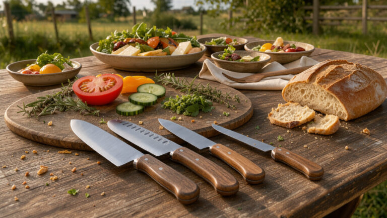Ensemble de couteaux de cuisine aux manches en bois disposés près d'une planche à découper, de légumes frais, d'herbes aromatiques et d'un repas préparé en plein air.