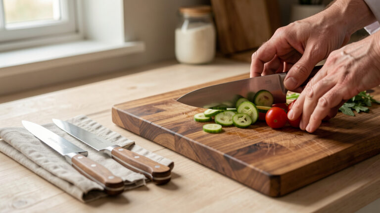 Ensemble de couteaux de cuisine professionnels disposés près d’une planche en bois, avec une main de chef découpant soigneusement des légumes frais.