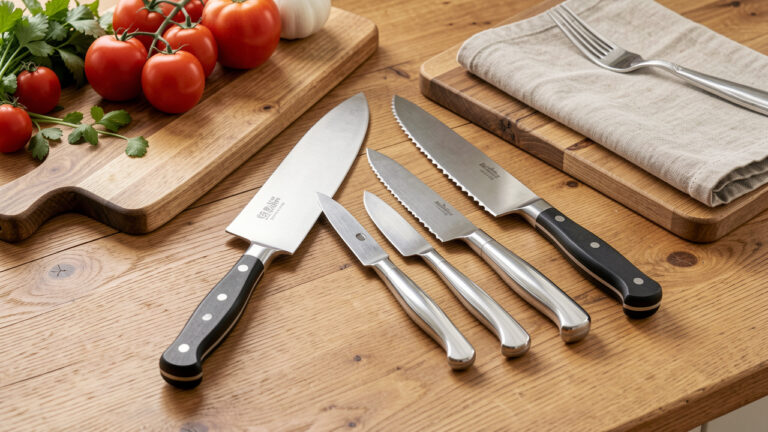 Sélection de couteaux de cuisine et de table disposés sur un plan de travail en bois avec une planche à découper, des légumes frais et du linge en lin.