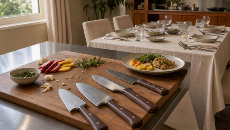 Sélection de couteaux de cuisine haut de gamme disposés entre des ingrédients frais et une table élégamment dressée.