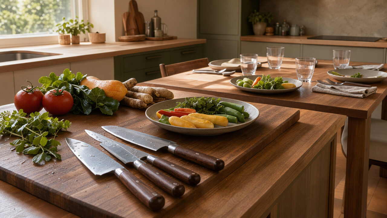 Couteaux de cuisine japonais aux lames brillantes disposés avec des herbes fraîches, des légumes et une table élégamment dressée.